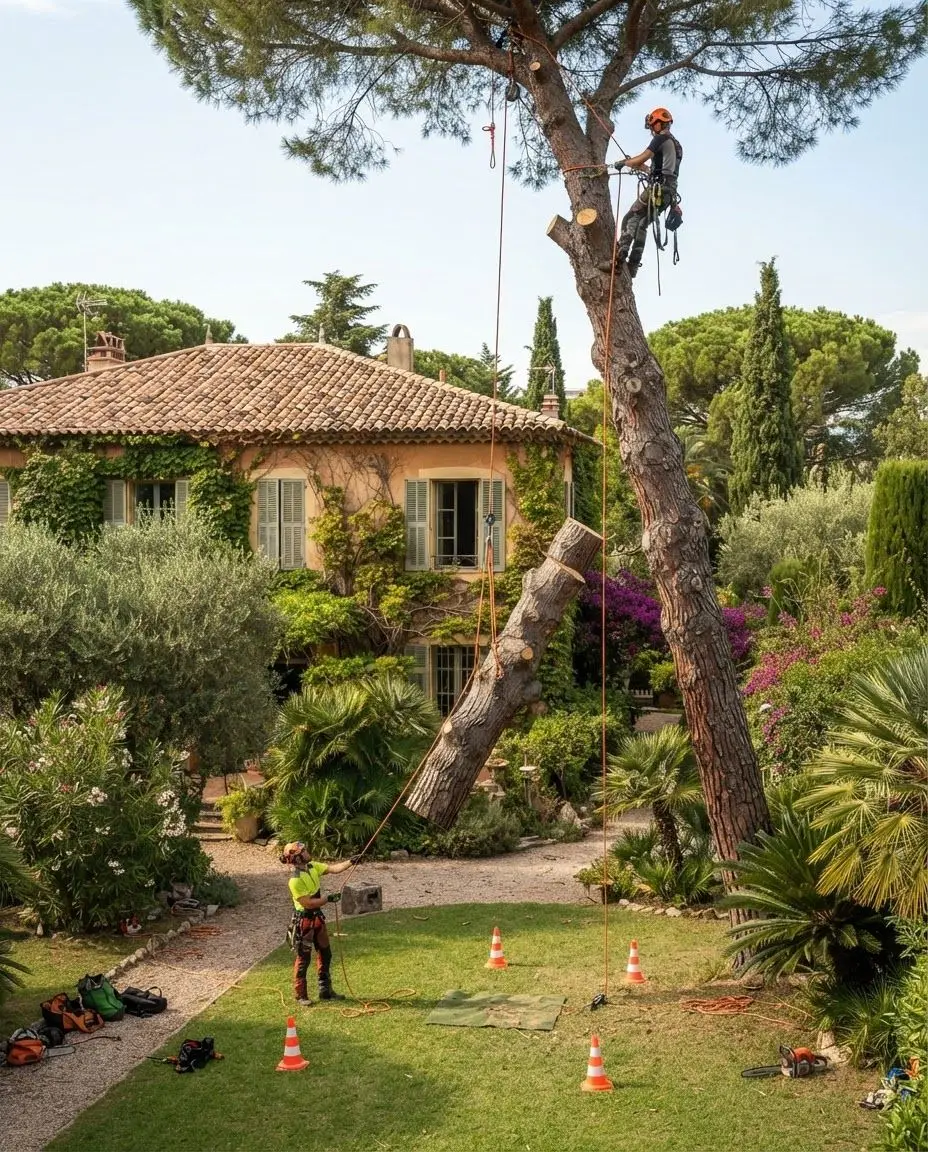 Tronçon de tronc descendu à la corde dans un jardin