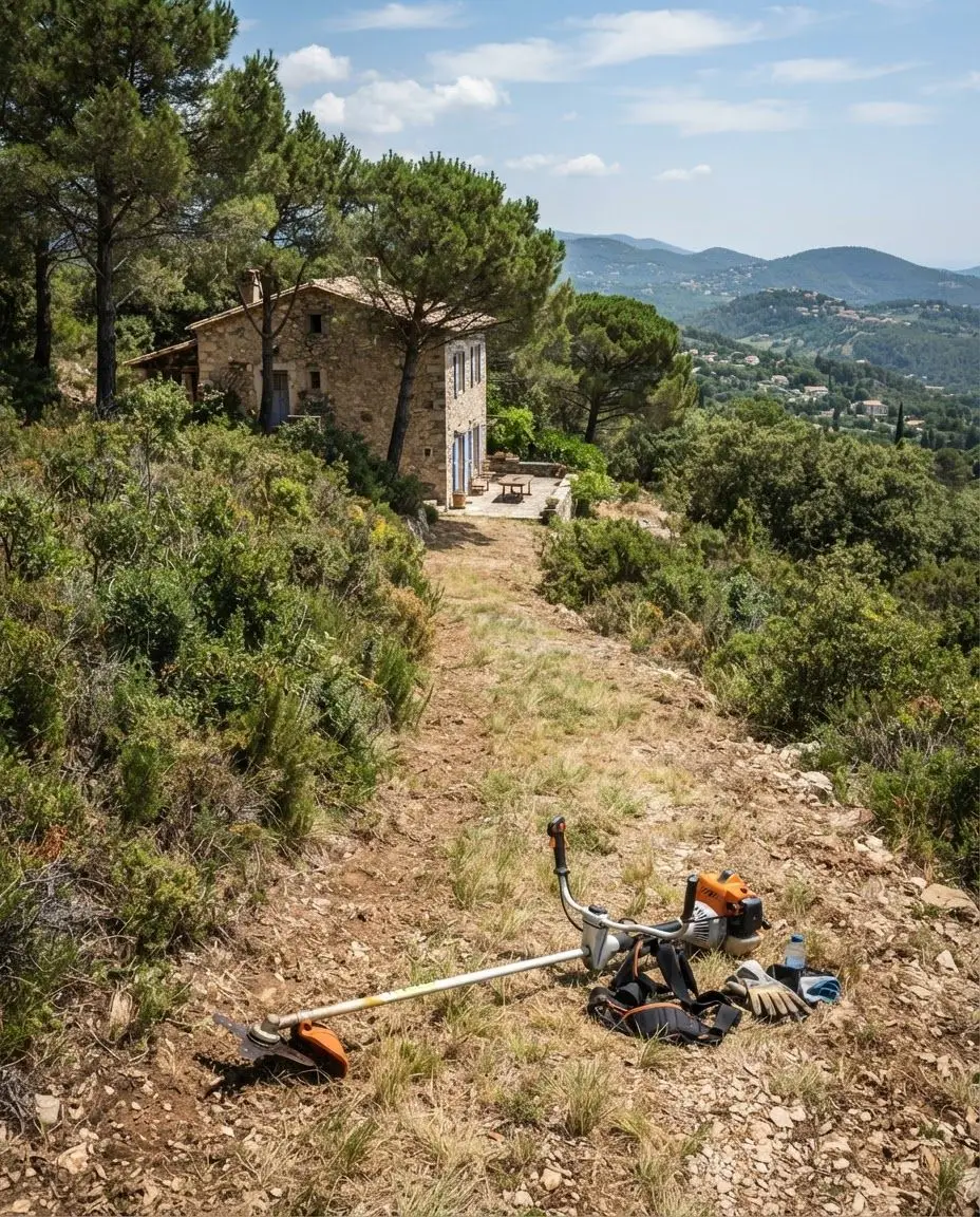 Terrain débroussaillé autour d'une maison en pierre