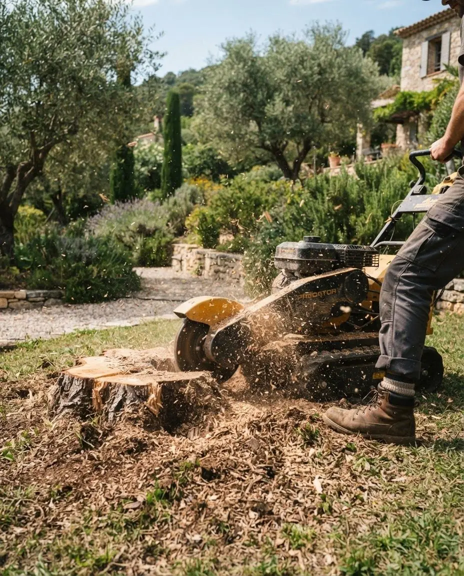Rogneuse de souche au travail dans une pelouse