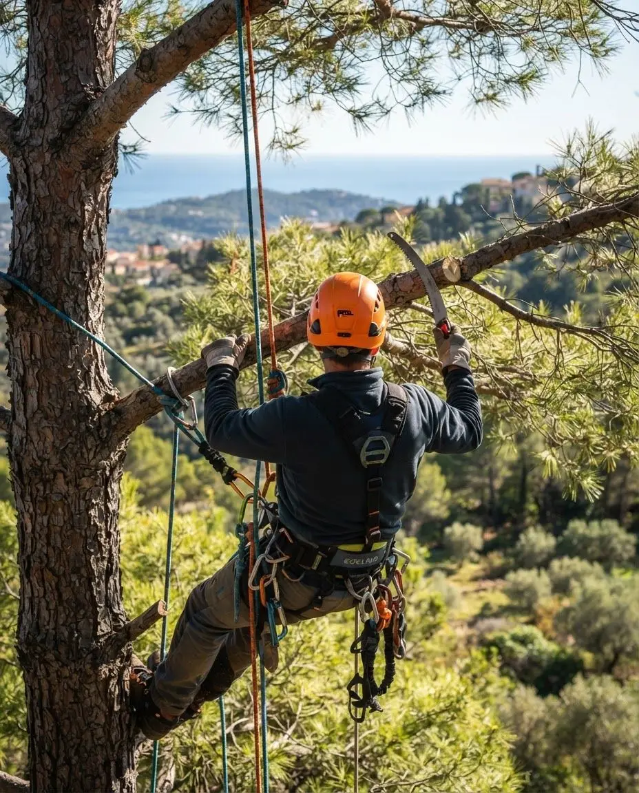 Élagueur encordé taillant une branche de pin