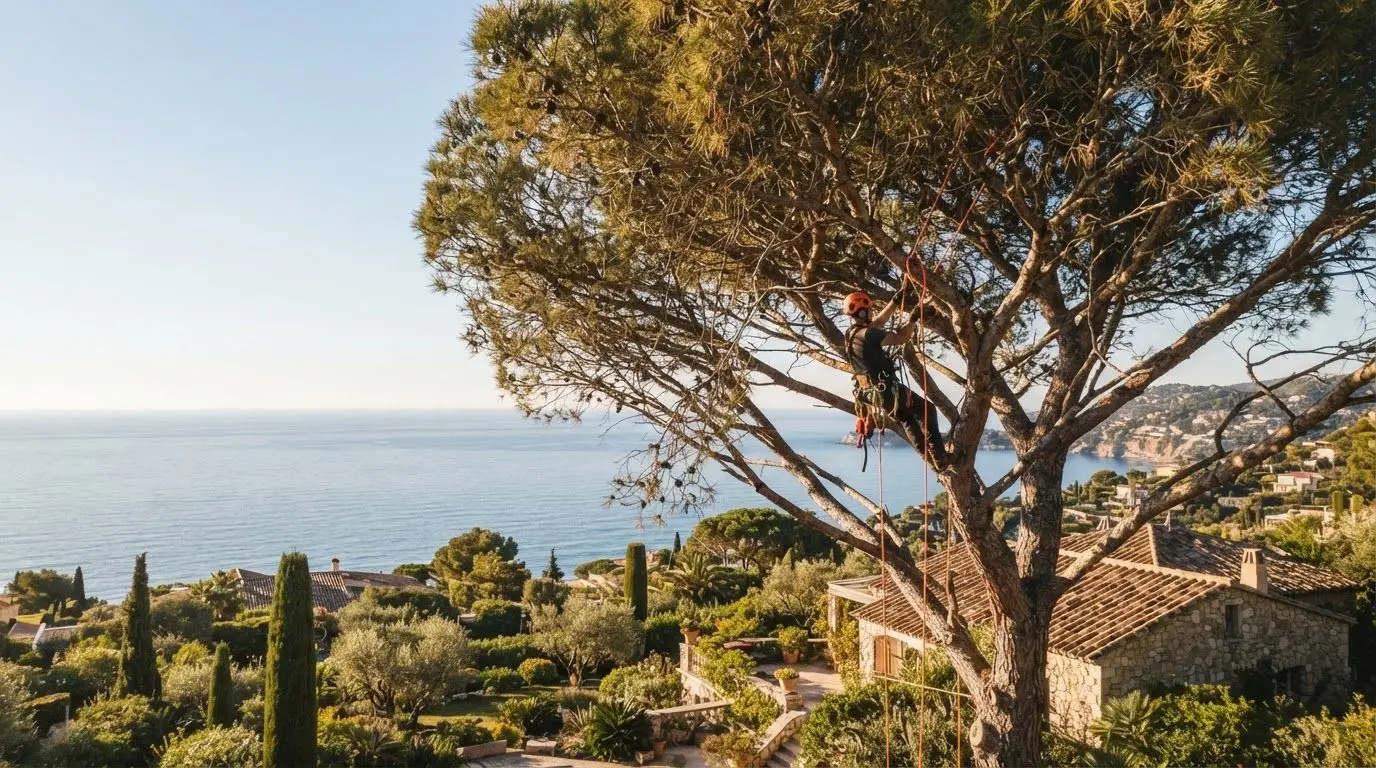 Élagueur encordé au sommet d'un pin parasol, au-dessus d'un jardin face à la Méditerranée