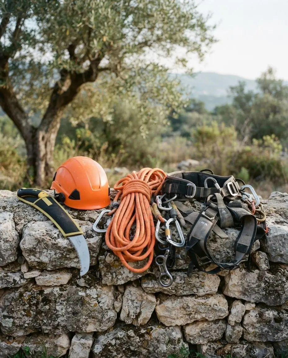 Corde, mousquetons, harnais et casque d'élagueur posés sur un muret en pierre sèche