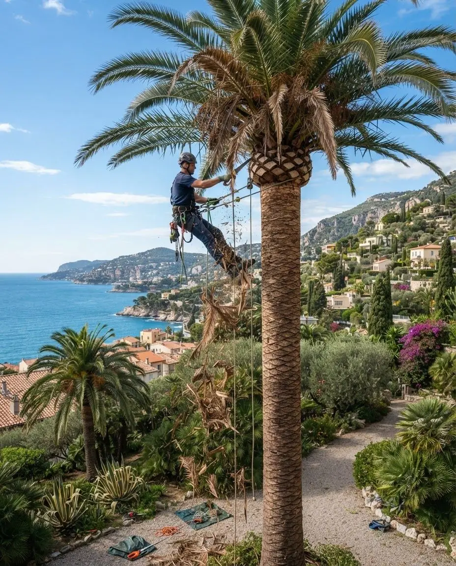 Élagueur nettoyant un palmier en bord de mer